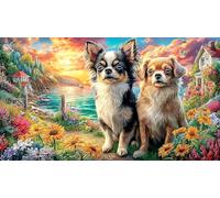 Chihuahua-Gazing-at-Sunset-Over-Ocean Puzzle pour Adultes et Enfants 1000 pièces Jeu Stimulant Cadeau Amusant & Activité Maison Papier recyclé pour détente et décoration Murale 38x52/1000 pièces