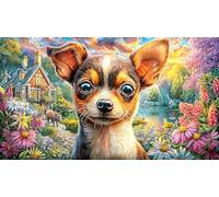 Chihuahua-in-a-Colorful-Flower-Garden-with-Butterfly 1000 pièces Puzzle pour Femmes et Hommes Papier recyclé Défi de Jeu éducatif Jeu Stimulant Beau Puzzle de décoration 38x52/1000 pièces