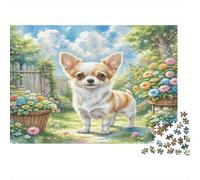 Chihuahua Papier Lourd Chihuahua dans Un Jardin avec Pots de Fleurs Puzzle Activité relaxante Interactive 38x26cm/1000 pièces
