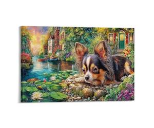 Chihuahua Pièce Unique Chihuahua couché par Pond Water Lilies Village Impressions D'art Mural Office Canvas Print Résistant À La Décoloration Art Mural Focal Prêt À Accrocher 12x18inch(30x45cm)