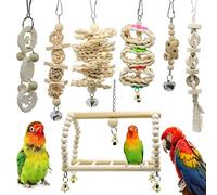 Chikanb Jouets pour Oiseaux, 7 Pièces Jouets à Mâcher, Balançoire Perchoir Perles Bois Balle Cloche pour Perroquets, Perruches, Canaris, Pinsons, Aras, Calopsittes et Petits Animaux de Compagnie