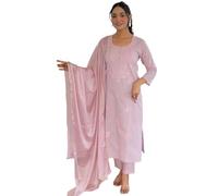 Chikankari Kurta Ensemble pour femme avec pantalon et dupatta traditionnel indien ethnique festif, rose, Small