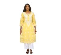 Chikankari Robe en coton pour femme Kashmiri Pan Broderie Kurta Prêt à l'emploi Kameez d'été, haut long indien, jaune, XL