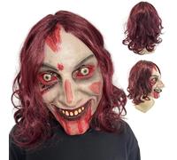 CHIKIXSON Masque Horreur Halloween, Masque Démon Latex Realiste pour Adultes, Evil Dead Rise Costume Halloween Deco Masque Horreur avec Sang Ghostface (Cheveux Violet-Rouge)