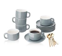 CHILDIKE Lot de 6 tasses à café et soucoupes en porcelaine avec cuillère dorée - 220 ml - Gris - Tasses à cappuccino - Pour thé, expresso