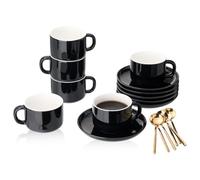 CHILDIKE Lot de 6 tasses à café et soucoupes en porcelaine avec cuillère dorée 220 ml - Tasses à cappuccino en céramique noire pour thé, expresso