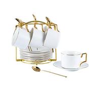 CHILDIKE Lot de 6 tasses à expresso en céramique demitasse avec soucoupes et support en métal - Tasses à cappuccino empilables en porcelaine pour thé, latte, café, moka - Blanc mat - 200 ml