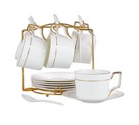 CHILDIKE Lot de 6 tasses à cappuccino en porcelaine de 170 ml avec soucoupes et support en métal - Tasses à café à expresso avec bordure dorée - Cuillère, pour latte, américain, thé, demi-tasse (blanc