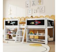 Children's bed 90x200 cm, Loft bed with storage space and fall protection, Youth bed with ladder, Solid pine wood, without mattress