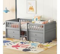 Children's bed 90x200 cm with storage space, wooden bed with slatted frame & 4 drawers, youth bed with ladder and fall protection - solid pine wood, without mattress gris foncé