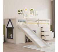 Children's Bed 90x200 Functional Bed Loft Bed Slide Storage Space Play Area Wood Slatted Frame Ladder Fall Protection Pine Cream without Mattress 90x200 cm crème
