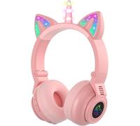 Children's Bluetooth Unicorn,Wireless/Wired Headphones for Children with LED Lights,Child Girl Over Ear Audio Headset with Microphone,for iPad/Kindle/Tablet (Pink)