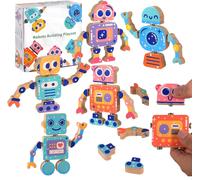 Children's Building Block Montessori Toy,28 Piece DIY Robots Assembled Detachable Wooden Toys Montessori Fine Motor Skills,Activity and Development Toys Educational Game 3 Years Old