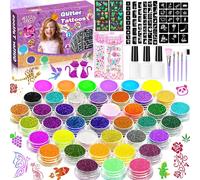 Children's Glitter Tattoo Kit, 42 Colours Temporary Glitter Tattoo, 223 Stencils, 5 Brushes, Non-Toxic Glitter Tattoo Make-Up Kit For Carnival Christmas Birthday Girl