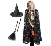 Childrens Halloween Cape - Black Witch Hat Broom Exquisite Print Tie-up