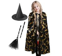 Childrens Halloween Cape - Black Witch Hat Broom Exquisite Print Tie-up