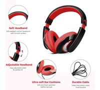 Children's Headphones Over Ear Wired Headphones with 3.5 mm Jack,Adjustable Headband,Foldable for Girls,Boys,School,Travel,PC Phones for Children Over 4 Years Old (Black Red)