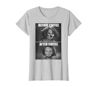 Child's Play Chucky Before Coffee After Coffee T-Shirt, Femme, Argent, 3XL