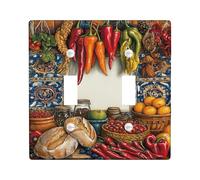 Chili Kitchen Plaque murale décorative en plastique rouge pour double interrupteur, pain et fruits rustiques, taille standard pour salon, chambre à coucher, maison et bureau