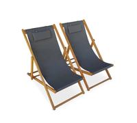 Alice's Garden - Chiliennes Bois - Creus - 2 transats en Bois d'Eucalyptus huilé avec Coussin Repose-tête Gris