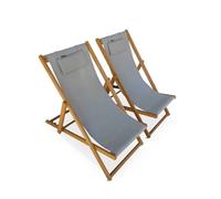 Alice's Garden - Chiliennes Bois - Creus - 2 transats en Bois d'Eucalyptus huilé avec Coussin Repose-tête Gris Taupe