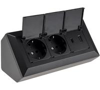 ChiliTec Bloc multiprise 2 prises avec couvercle rabattable USB-A USB-C PD 230 V pour cuisine, bureau, atelier, noir