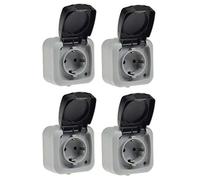ChiliTec Lot de 4 prises encastrées pour pièces humides IP44 Gris | Avec couvercle à charnière, 250 V, 16 A, ressort automatique, contact de protection, pour l'intérieur et l'extérieur
