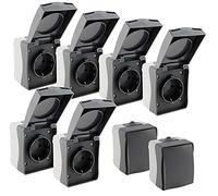 ChiliTec Nuqui Lot de 6 prises de courant et 2 interrupteurs en saillie - Pour intérieur et extérieur - IP54 - Avec couvercle rabattable - Résistant aux intempéries - 250 V - Gris anthracite