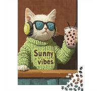 Chill Cat with Bubble Tea Plaque Murale en Métal 52x38cm/1000pcs pour Le Pub Ou Le Café, pour Le Bureau, Le Studio Et L’Atelier Créatif