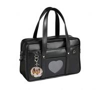 Chillpaper Grand sac à bandoulière japonais, sac fourre-tout en similicuir Kawaii avec pompon léopard rose (A3, grande taille, fenêtre cœur noir), noir, Large