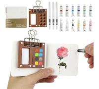 Chiluxendo Kit Aquarelle Miniature avec Clip, 12 Couleurs Mini Palette Aquarelle Portable avec Carnet de Croquis et Pinceau, Mini Palette en Bois pour Artiste de Poche, Peintres, Étudiants(8 Grids)