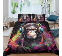 Chimp DJ Headphones Linge de Lit 3 Pièces 3D Imprimée Microfibre Hypoallergique Vibrant Pop Art Parure de Lit avec 2 x Taies d'oreiller Respirante for Chambre Adulte King（220x240cm）