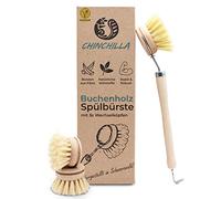 Chinchilla® Brosse à vaisselleen Bois de hêtre | Brosse de Cuisine Durable avec Poils en Fibres Naturelles | 3 têtes de Rechange incluses | sans Plastique & Durable