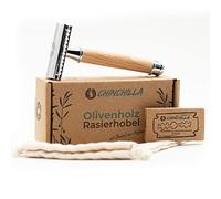 Chinchilla Rasoir de Sécurité en Bois d’Olivier Tête Double Tranchant & 10 Lames Universelles Inclus, Brun
