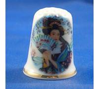 Chine en porcelaine à collectionner dé à coudre japonais Lady avec ventilateur