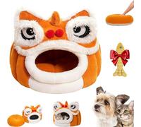 Chinese Lion Dance Lion Cats Bed, Cute Lion Head Pet Beds for Cats, Lion Head Pet Beds, Soft Cozy Plush Cat House & Dog Cave with Cushion, Non-Slip Bottom (Brown,L)