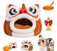 Chinese Lion Dance Lion Cats Bed, Cute Lion Head Pet Beds for Cats, Lion Head Pet Beds, Soft Cozy Plush Cat House & Dog Cave with Cushion, Non-Slip Bottom (Coffee,L)