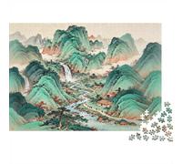 Chinese Mountain Scroll Jigsaw Puzzles 1000 Piece Recyclable Material Green Ink Paiting Puzzle for Adults Excellent Cadeau Idea Amusant Family Gaming Time Activity 38x26cm/1000pcs