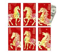 Chinese Red Envelope - 6 Piece Horse Year Design, Large 2026 New Year Charm Packets, Elegant Money Gift Envelopes, Cash Card Jewelry Keepsake, Red
