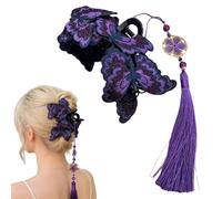 Chinese Style Embroidered Butterfly Hair Claw Clip with Tassel,Elegant Embroidered Butterfly Hair Claw Clip for Women,Vintage Ethnic Hairs Accessories for Wedding Party Daily Wear