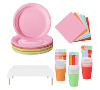 Chingcoo Lot de 169 assiettes en carton multicolores pour 24 personnes, gobelets en carton multicolores et assiettes en carton avec couverts, serviettes et nappe - Vaisselle en carton parfaite pour