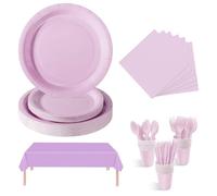 Chingcoo Lot de 169 assiettes en carton multicolores pour 24 personnes, gobelets en carton multicolores et assiettes en carton avec couverts, serviettes et nappe - Vaisselle en carton parfaite pour