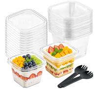 Chingcoo Lot de 50 gobelets à dessert en plastique avec couvercle, 360 ml, avec cuillères et étiquettes, bols à dessert rectangulaires, réutilisables pour Tiramisu mousse, pudding, collations