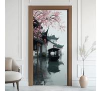 Chinois Asiatique Effet 3D Sticker Porte, Architecture Tradition Papier Autocollant Porte Mural Décoration, Plante Fleurs de Pêcher Stickers Muraux Amovible PVC 77x200 cm
