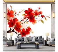 Chinois Fleurs Hibiscus Rouge Papier Peint Intissé 250 x 175 cm (L x H), Crème Papier Peint Mural Photo Panoramique - pour Salon, Adulte Chambre d'enfants, Restaurant Décoration