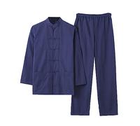 Chinois Traditionnel Manches Longues Tang Costume Kung Fu Uniforme Chemise pour Hommes Kung Fu Veste Pantalon, Coton Pur Tai Chi Uniforme, Hanfu Kung Fu Wing Chun Ch Blue-XXL