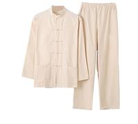 Chinois Traditionnel Manches Longues Tang Costume Kung Fu Uniforme Chemise pour Hommes Kung Fu Veste Pantalon, Coton Pur Tai Chi Uniforme, Hanfu Kung Fu Wing Chun Ch Beige-XL