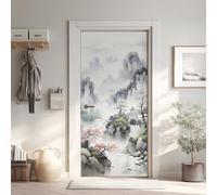 Chinoise Effet 3D Sticker Porte, Pavillon Cascade Papier Autocollant Porte Mural Décoration 95x215 cm, Peinture à L'encre Stickers Muraux Amovible PVC