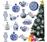 Chinoiserie Christmas Ornements 40pcs Bleu et Blanc Double Face en Bois Suspendu en Bois de Porcelaine théâtre pour Le Père Noël pour décor de Vacances d'arbre