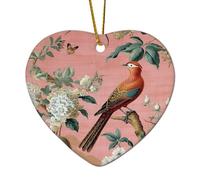 Chinoiserie Décorations de Noël en forme de paon floral rose pâle faisans, hortensia, camélia, cadeau souvenir de sapin de Noël à suspendre en céramique double face pour voisins amis